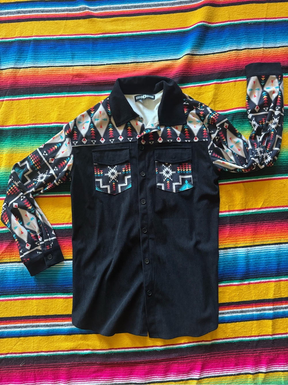 Women’s  Black Western Shirt with Aztec Print Panels